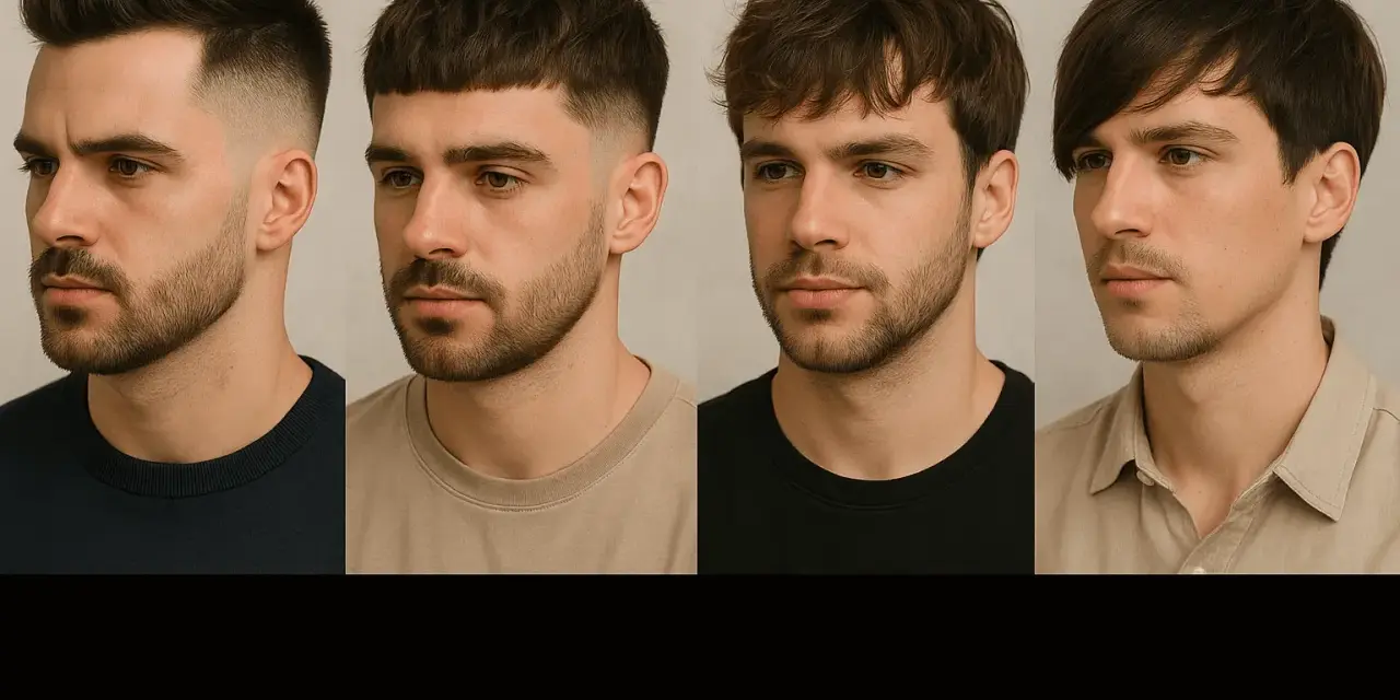 Czterech mężczyzn prezentuje różne wzorki na włosach: od krótkiego buzz cut po dłuższe, stylizowane fryzury.