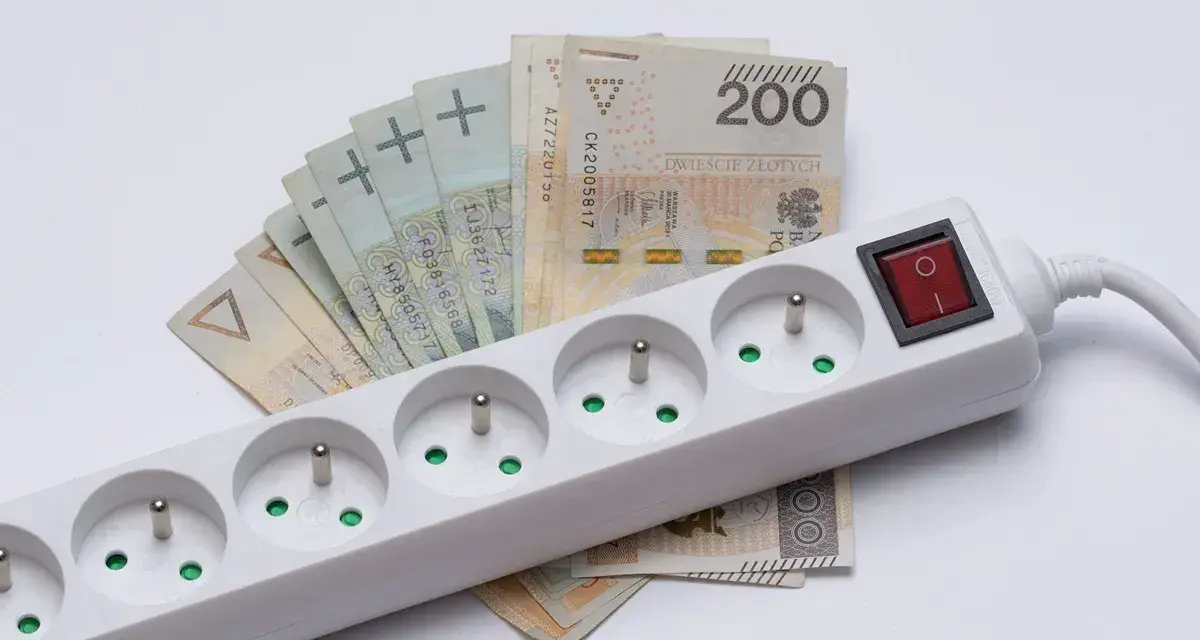 Pieniądze leżą pod listwą z gniazdkami, symbolizując zamrożenie cen prądu.