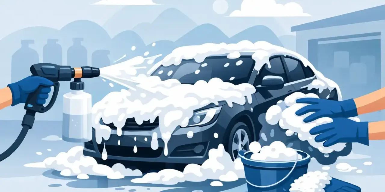 Bil tvättas med rikligt med snöskum. En hand med blå handske sprutar skum från en högtryckstvätt. En annan hand med handske tvättar bilen med en svamp.