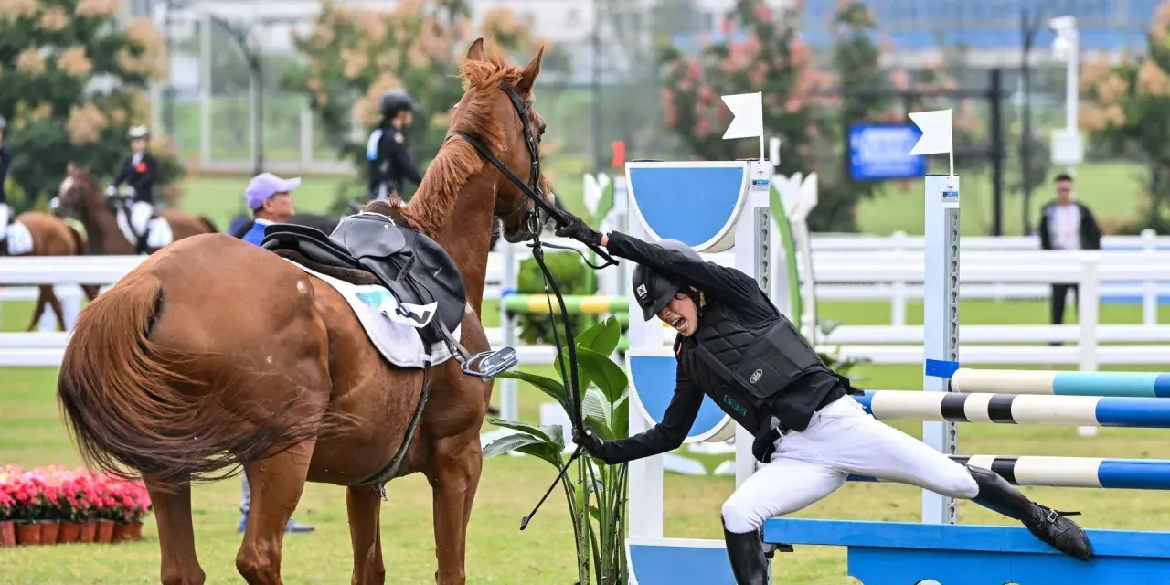 Une cavalière chute lors de l'épreuve d'équitation du pentathlon moderne, son cheval s'arrête brusquement.