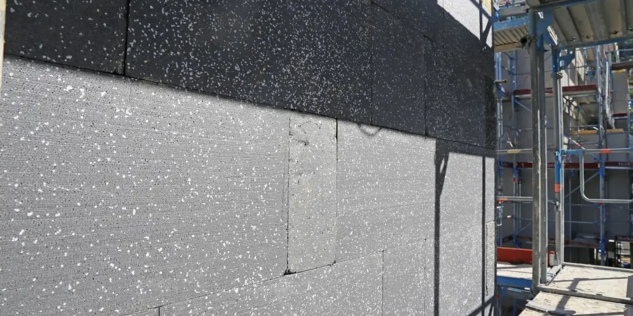Gros plan sur des blocs de polystyrène gris, certains recouverts d'une couche noire, en cours d'installation pour une isolation par l'extérieur. Échafaudages visibles à droite.