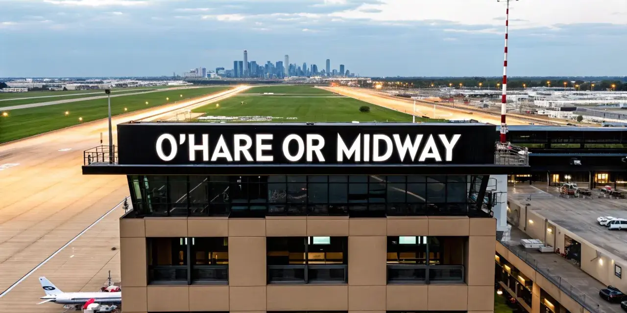 Wieża kontroli lotów na lotnisku Chicago z napisem "O'HARE OR MIDWAY". W tle widać panoramę miasta.