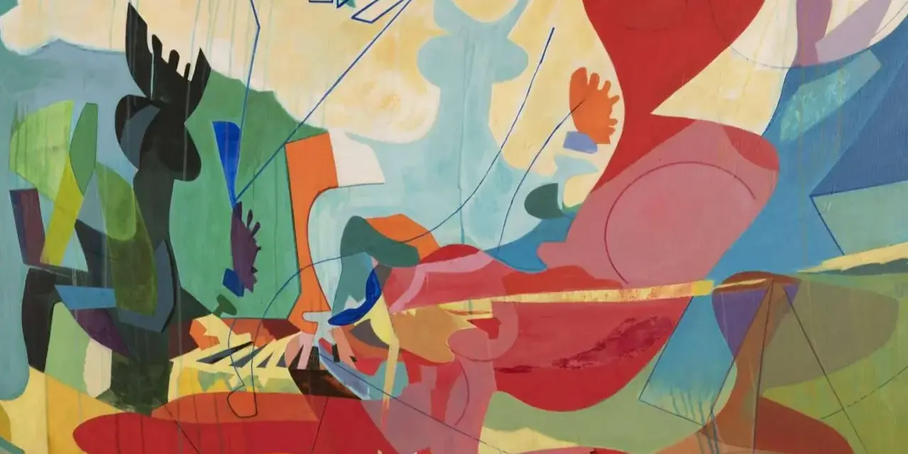 Pintura abstracta con formas orgánicas y líneas azules, que explora qué es el arte abstracto a través de colores vibrantes y composiciones dinámicas.