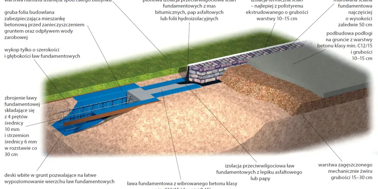 Zbrojenie ławy fundamentowej z prętów i strzemion co 30 cm, izolacja przeciwwilgociowa, folia budowlana, beton.