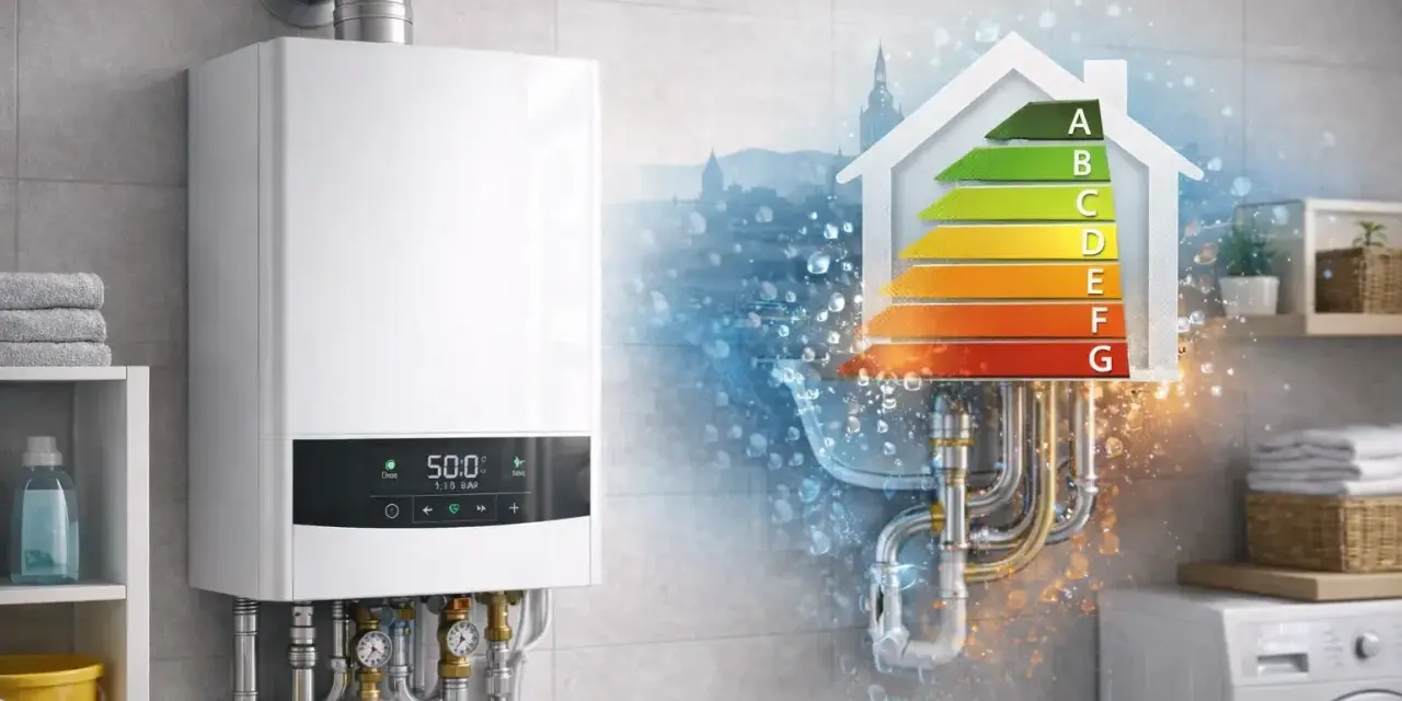 Caldaia istantanea a condensazione moderna, con display digitale e etichetta energetica A. Efficienza e risparmio per la tua casa.