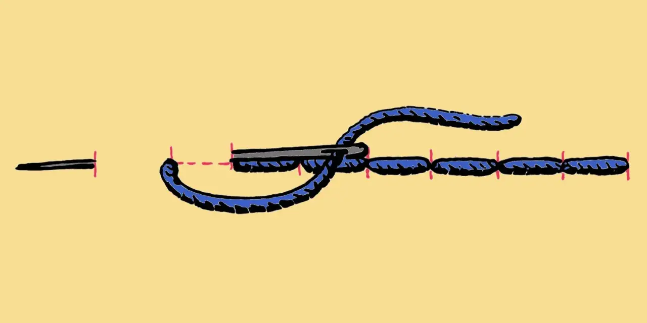 Ilustracja pokazuje, jak wykonać stębnówkę ścieg. Igła z niebieską nitką przechodzi przez materiał, tworząc równomierne ściegi.