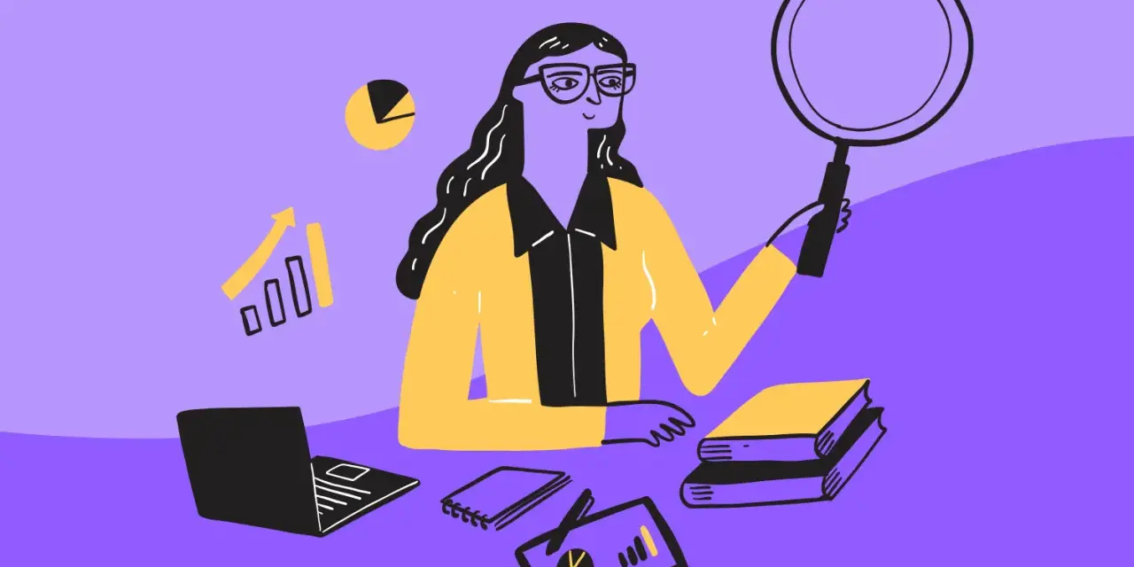 Mujer con lupa investiga datos, gráficos y libros. ¿Qué tipo de palabra es porque?