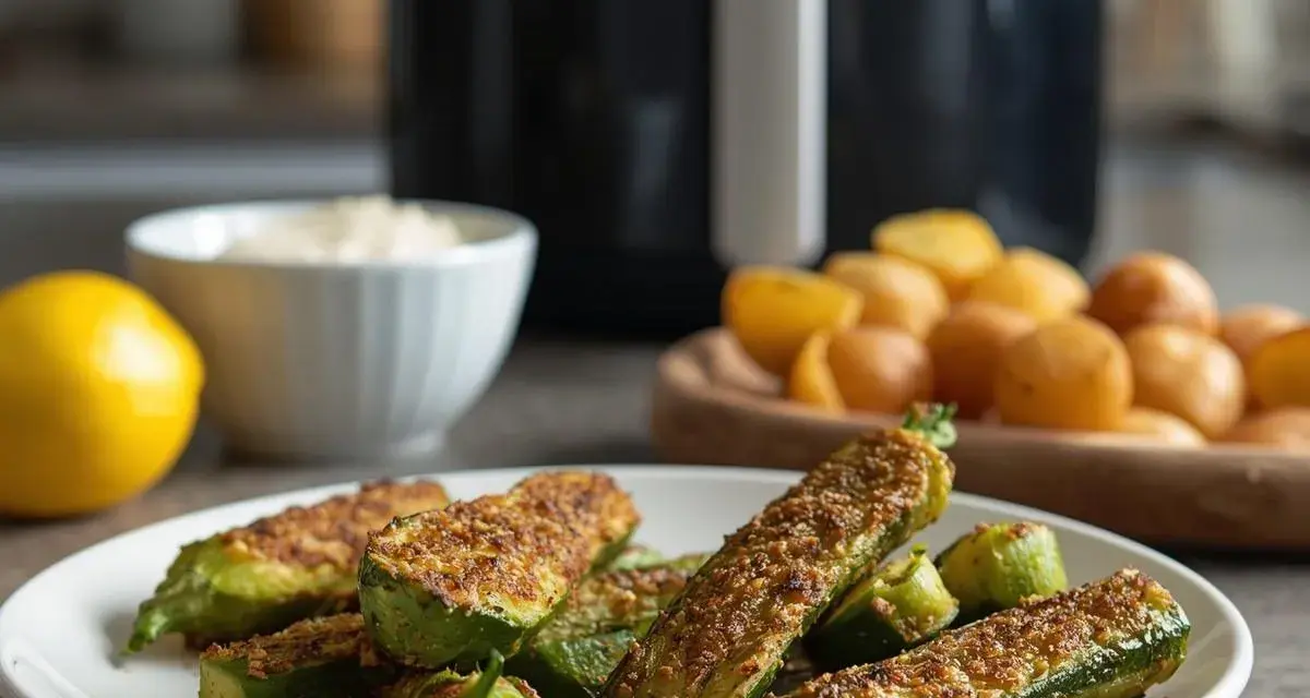 Zucchine in friggitrice ad aria senza pangrattato, croccanti e dorate, pronte per essere gustate.
