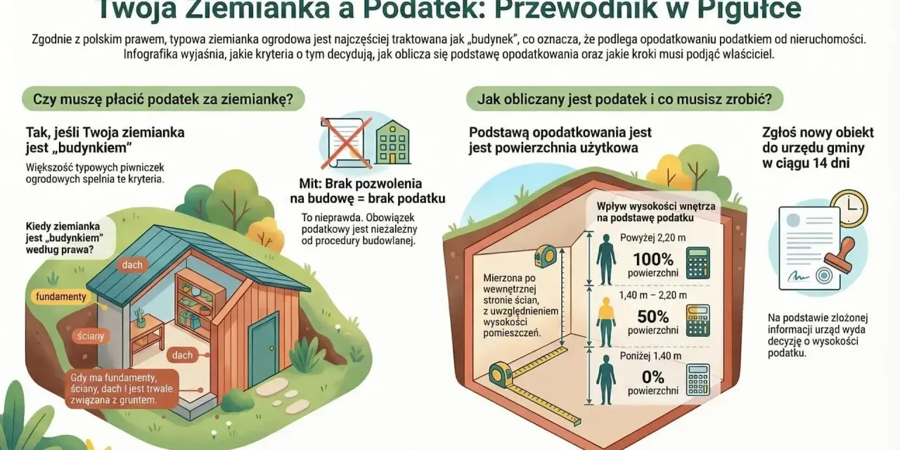 Ziemianka z fundamentami, ścianami i dachem, trwale związana z gruntem, może podlegać podatkowi od gruntu na którym stoi budynek.