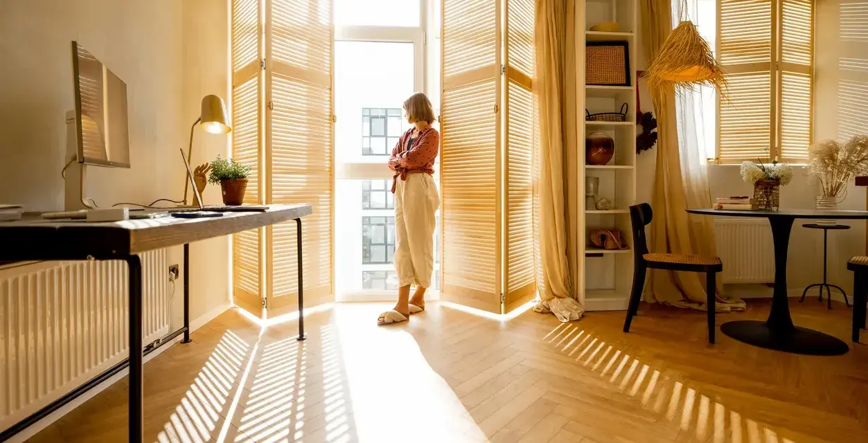 Una donna guarda fuori dalla finestra, mentre il sole crea ombre sul parquet che scricchiola. Un angolo studio e un tavolo da pranzo completano l'ambiente.
