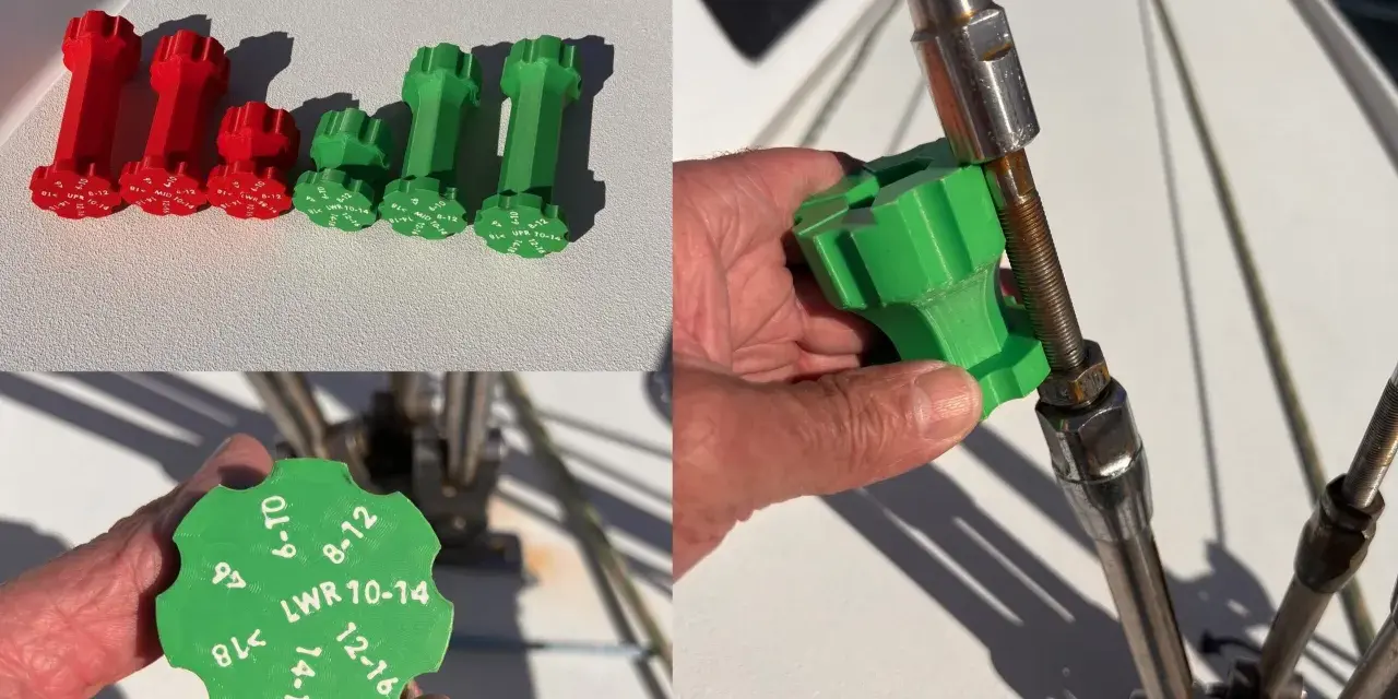 3D printed abs resin tools for adjusting turnbuckles on a sailboat.