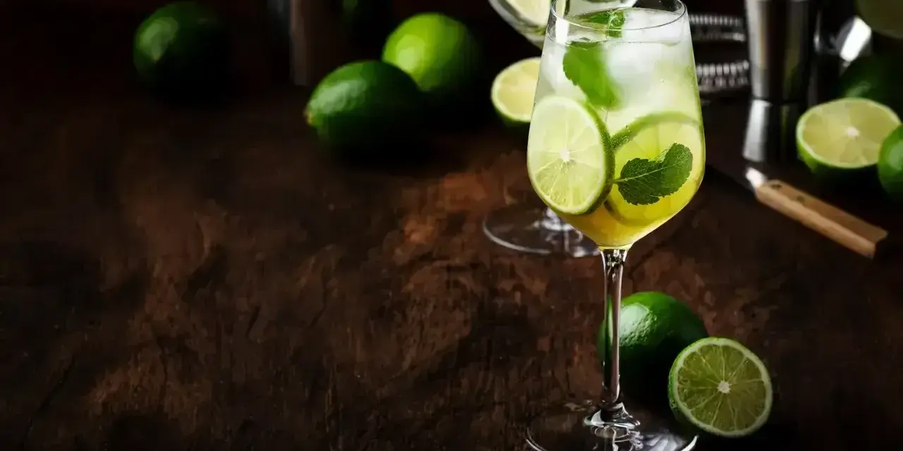 Orzeźwiający Hugo Spritz z limonką i miętą, otoczony świeżymi limonkami na drewnianym blacie.