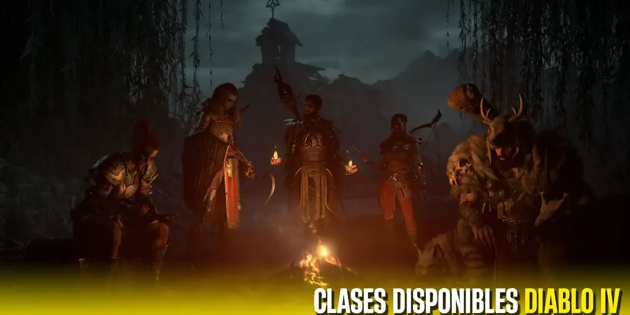 Cinco guerreros se reúnen alrededor de una fogata en un entorno oscuro, listos para la aventura. Una guía para las clases disponibles en Diablo IV.