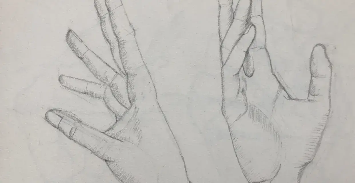 Deux mains esquissées au crayon, l'une ouverte, l'autre fermée. Un dessin facile à dessiner pour s'entraîner.
