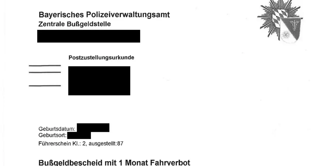 Bußgeldbescheid mit 1 Monat Fahrverbot, der versucht, das Fahrverbot umzuwandeln.