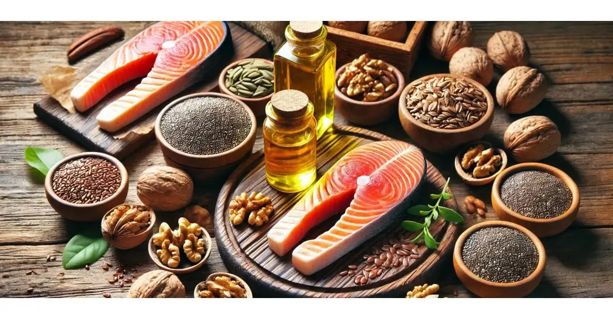Salmone, noci, semi di lino e olio dorato, ricchi di omega 6, su un tavolo di legno rustico.