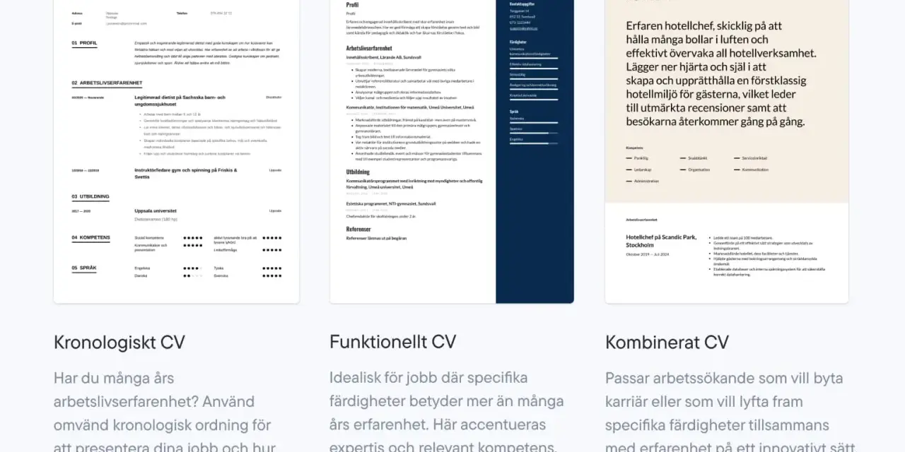 CV-exempel visar olika kompetenser och hur de kan presenteras.