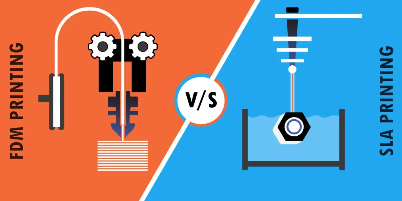 Illustration comparing FDM vs SLA 3D printing. FDM extrudes filament layer by layer, while SLA cures resin with a light source.