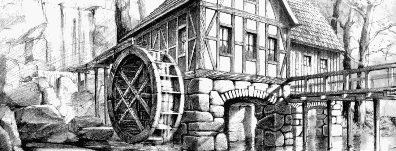 Stary młyn wodny z kołem i kamiennym łukiem, idealny do nauki kurs rysunku architektonicznego.