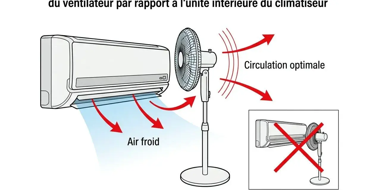 Schéma montrant comment positionner un ventilateur pour une circulation d'air optimale avec un climatiseur. Position correcte : ventilateur face à l'air froid. À éviter : ventilateur derrière le climatiseur.