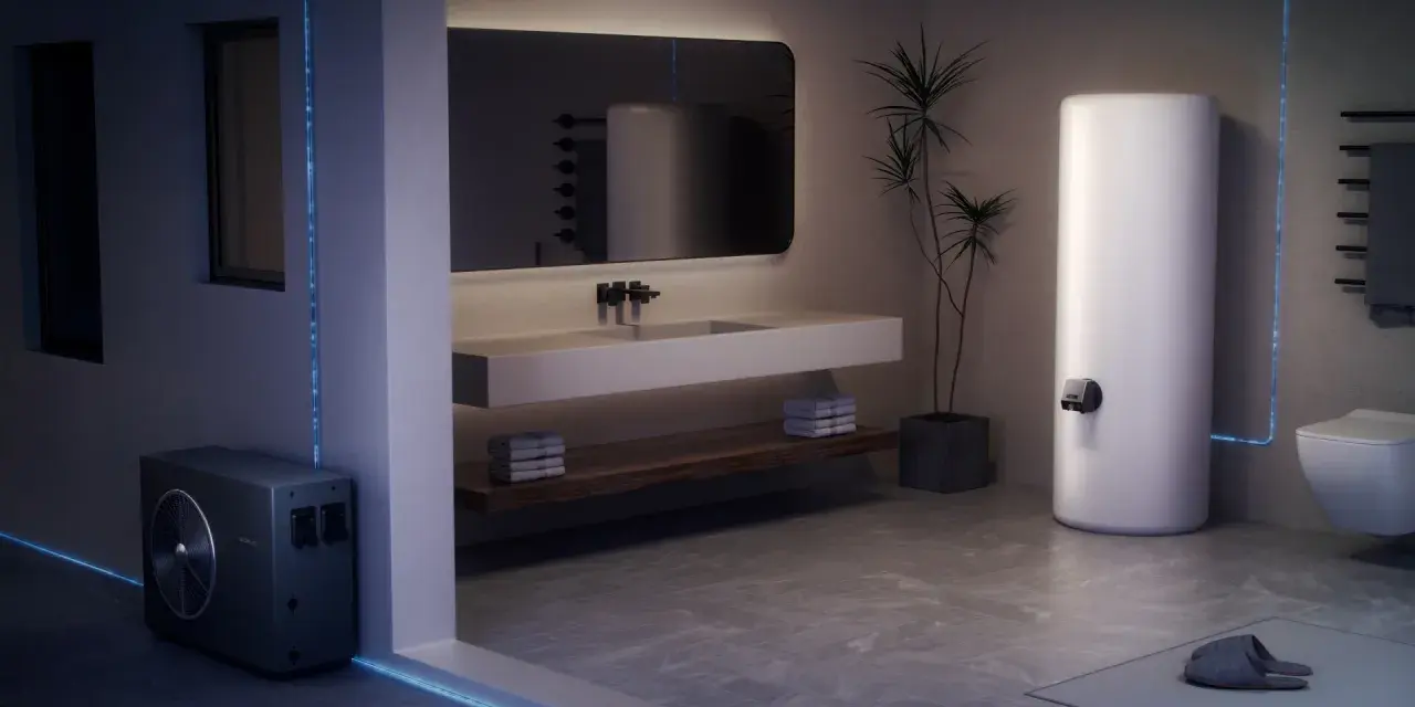 Bagno moderno con scaldabagno elettrico bianco, unità esterna e lavabo. La temperatura massima dello scaldabagno elettrico è regolabile.