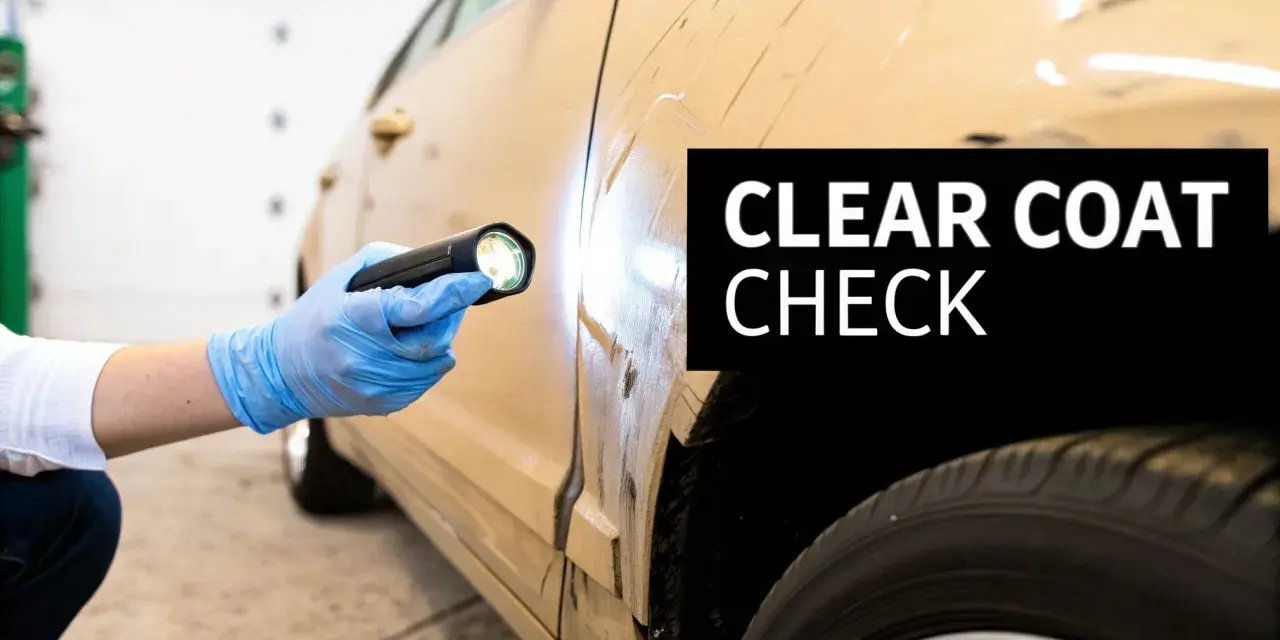 Gloved hand with flashlight inspects car's clear coat for damage, hinting at how to restore clear coat on car.