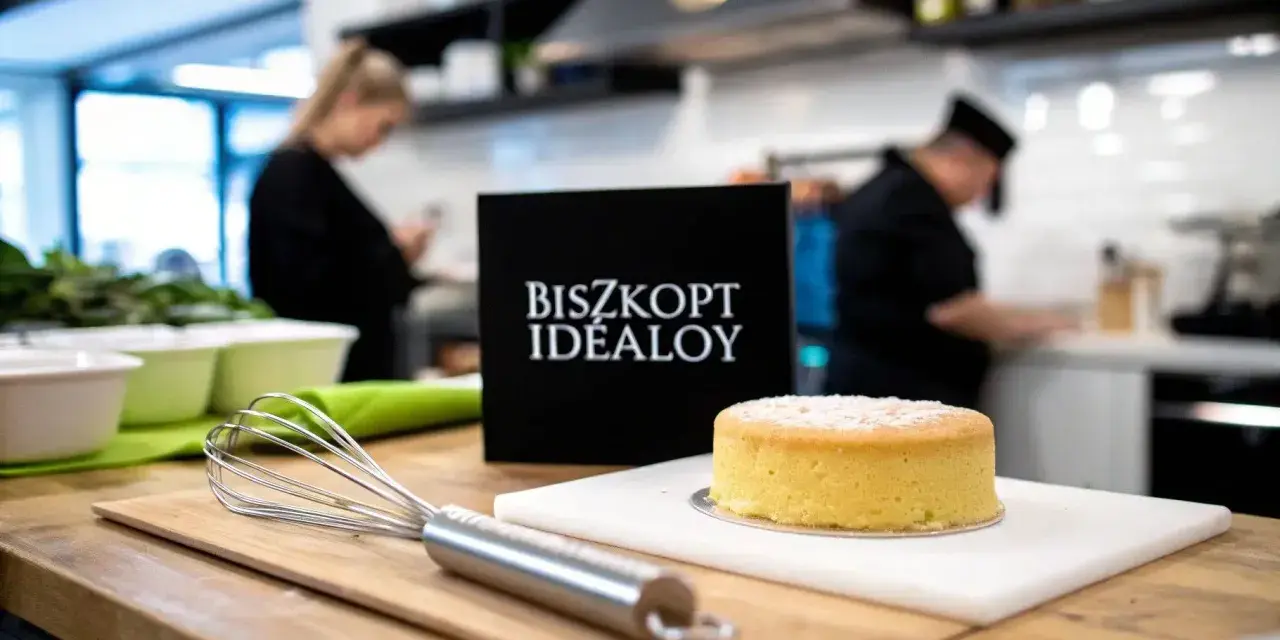 Idealny biszkopt pieczemy w temperaturze 170-180°C. Na stole kuchennym stoi gotowy biszkopt, obok trzepaczka i czarna tabliczka z napisem "BISZKOPT IDEALOY".