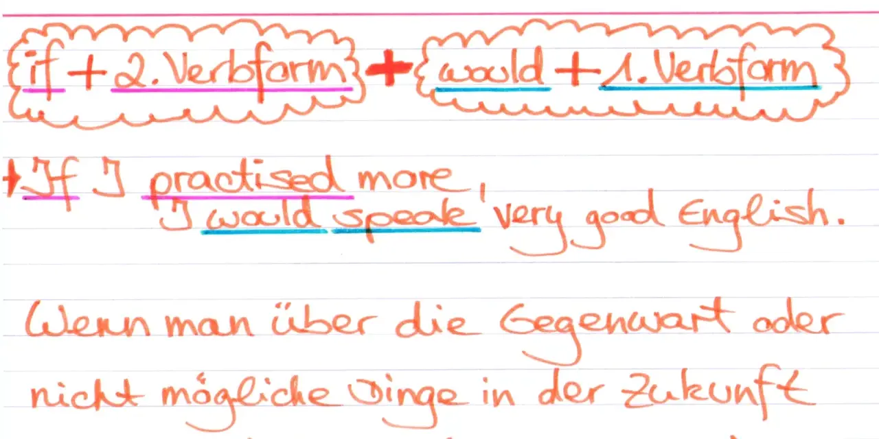 Erklärung von conditional clauses type 2: "If + 2. Verbform + would + 1. Verbform". Beispiel: "If I practised more, I would speak very good English.