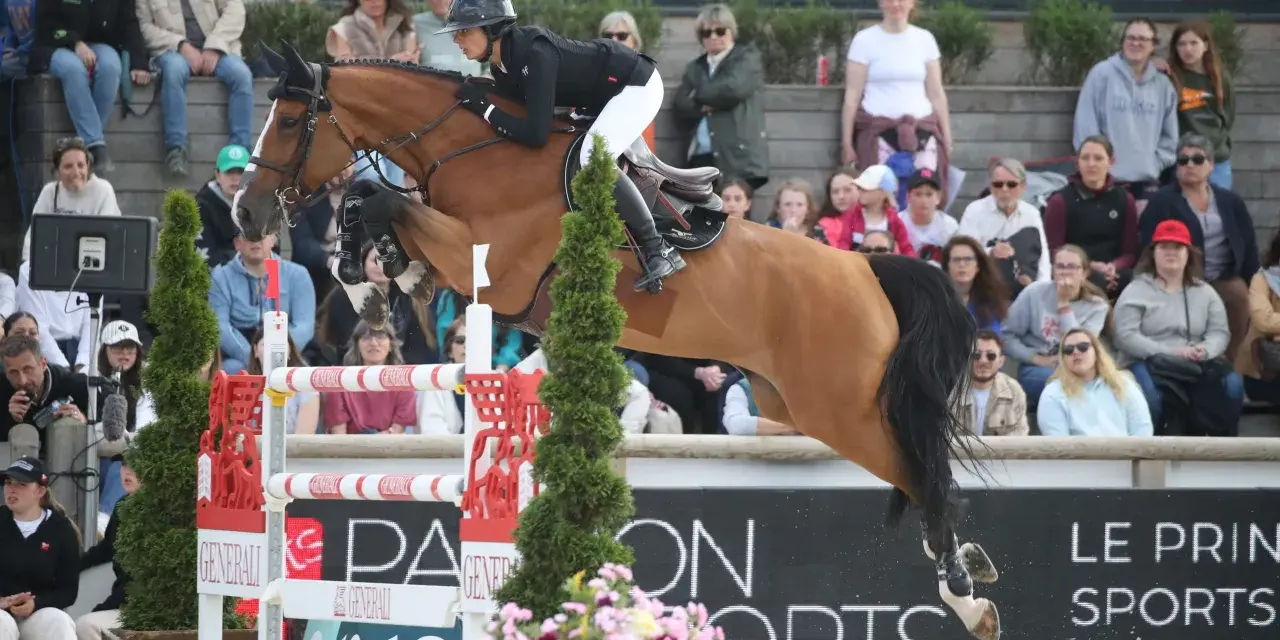 Une cavalière en plein saut, peut-être le meilleur cavalier du monde, sur son cheval brun, devant un public attentif.