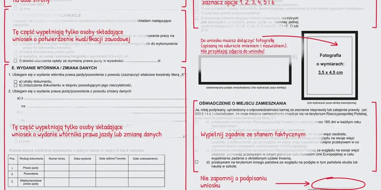 Zdjęcie przedstawia fragment formularza wniosku o wydanie prawa jazdy z zaznaczonymi polami i instrukcjami.