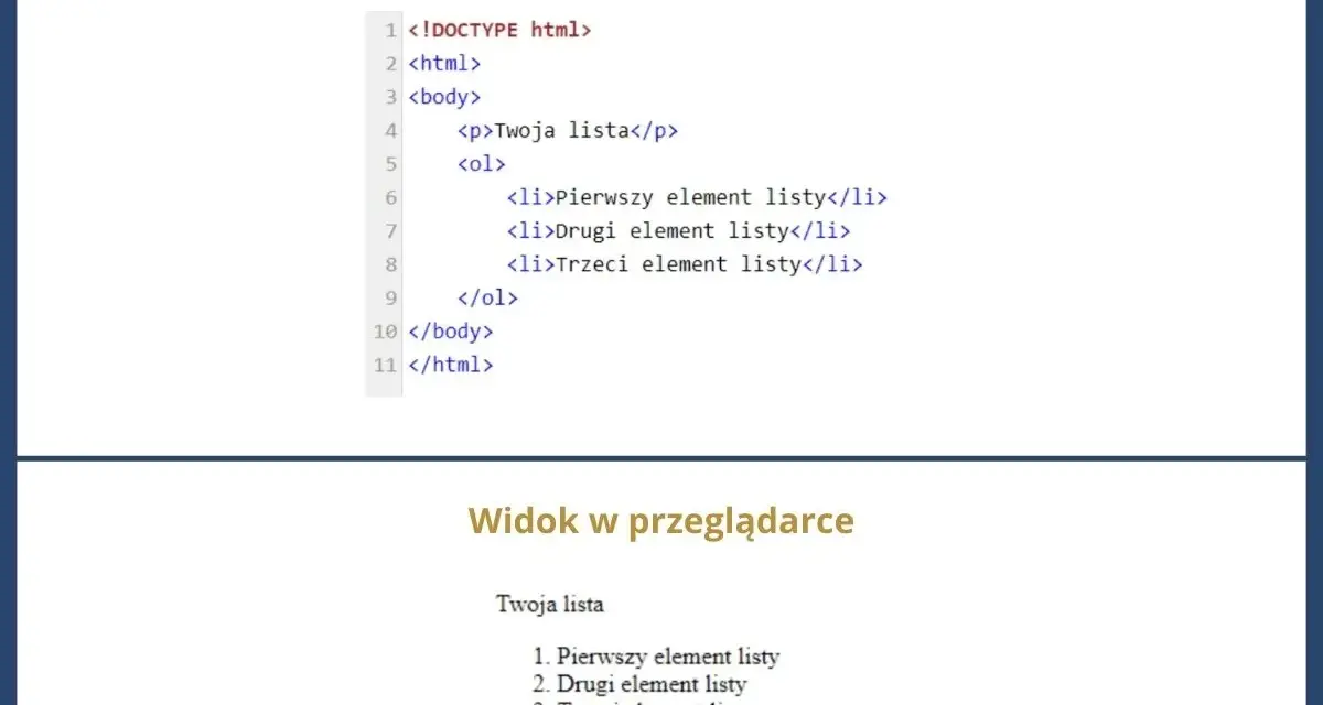 Kod HTML tworzy listę: "Twoja lista" z trzema elementami. Widok w przeglądarce pokazuje tę listę.