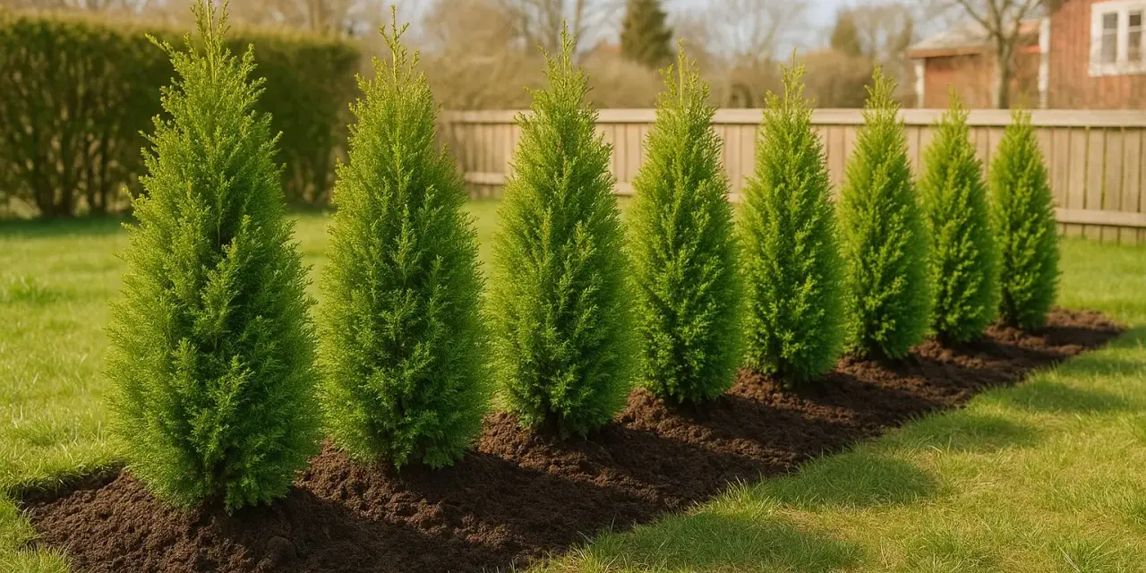 Raka rader av nyplanterade thuja-träd i en solig trädgård. De mörkgröna träden står i mörk jord med gräs runt omkring.