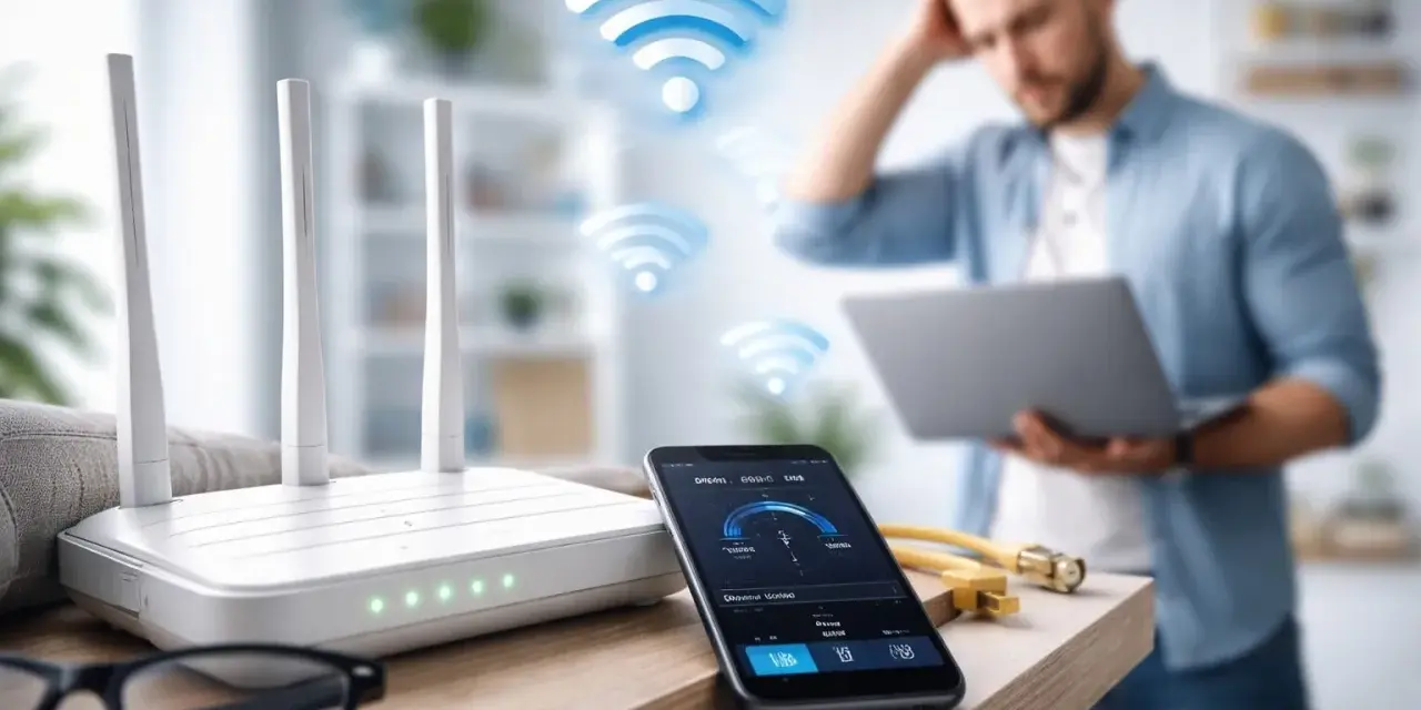 Router, smartphone con app di velocità Wi-Fi e uomo preoccupato. Soluzioni per come amplificare segnale Wi-Fi fai da te.