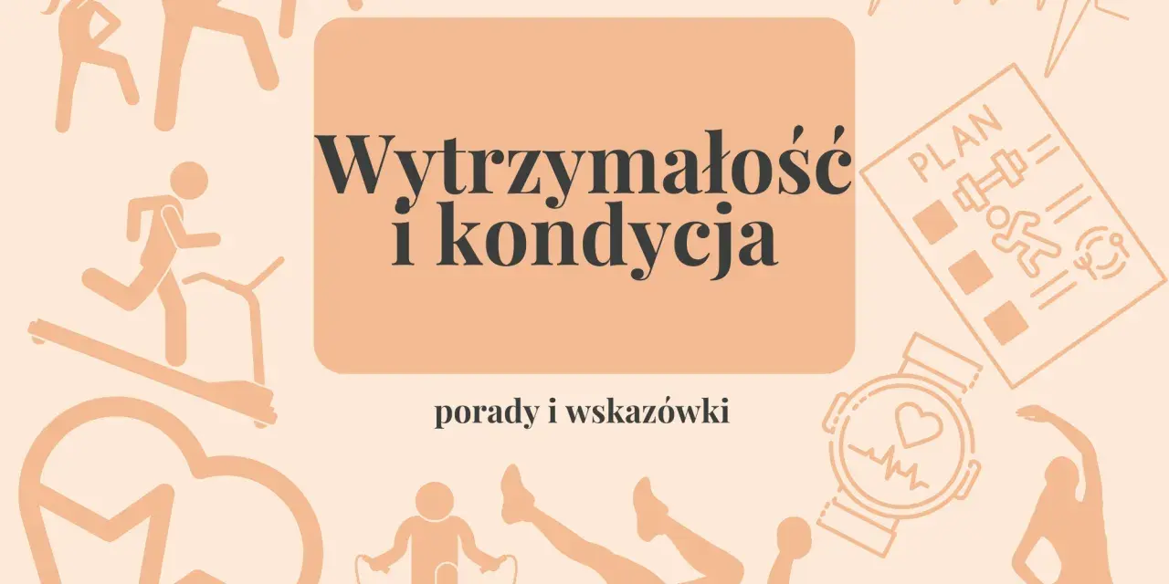 Ilustracje ćwiczących osób, bieżnia, plan treningowy i zegarek sportowy podkreślają znaczenie kondycji sportowej.