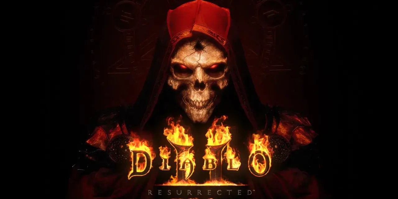 Diablo 2 Resurrected na PS4: przerażająca czaszka w czerwonej szacie, otoczona płomieniami i mrocznymi symbolami.