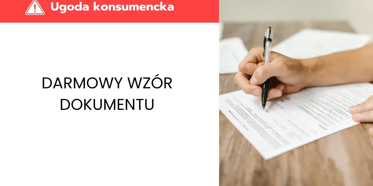 Darmowy wzór dokumentu ugody konsumenckiej. Ręka pisze piórem na papierze, przygotowując się do podpisania ugody.