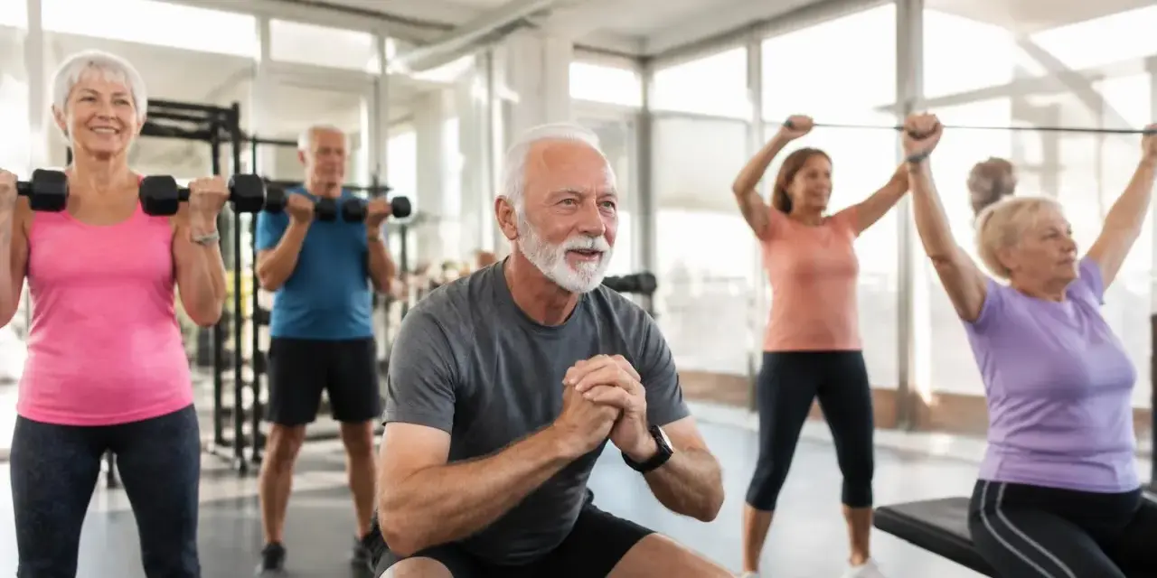 Groupe de seniors pratiquant le renforcement musculaire en salle de sport, avec haltères et élastiques.