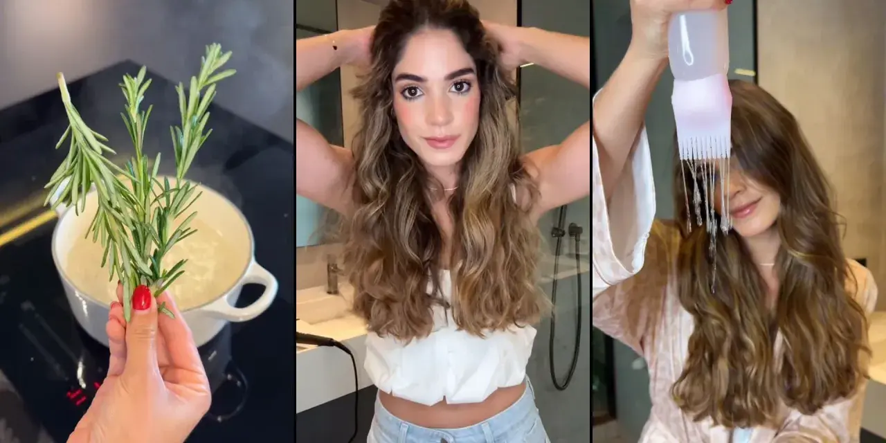 Preparando agua de romero para el pelo. Una mujer se aplica el tónico capilar con un aplicador especial.