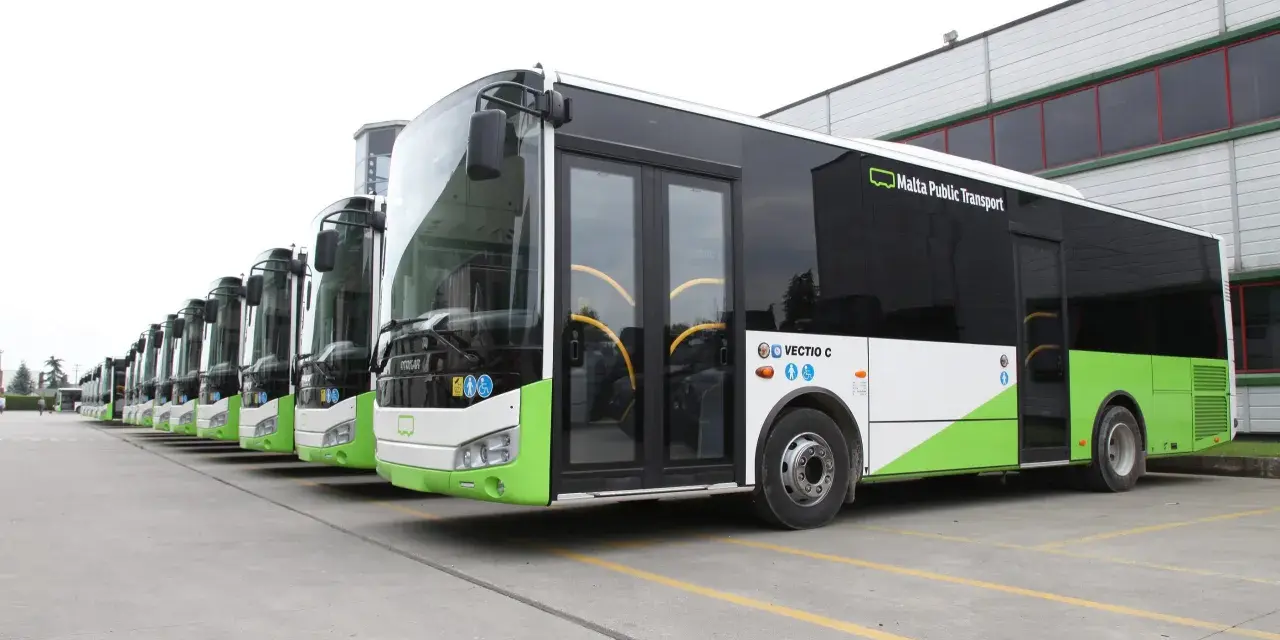 Una fila di autobus moderni, con livrea bianca e verde brillante, pronti per il servizio. Il segnale 142 è visibile su uno dei bus.