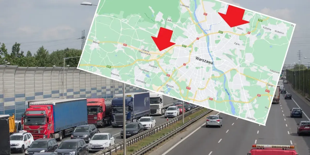 S8 odcinek pomiaru prędkości. Korki na trasie do Warszawy i jej okolic, zaznaczone na mapie.