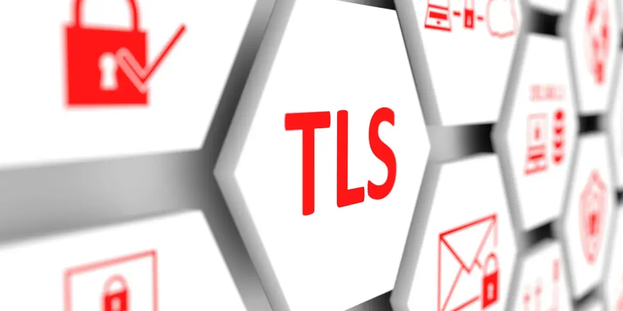 Hexagonal tiles display security icons and the text "TLS". This visual represents a TLS update, ensuring secure connections.