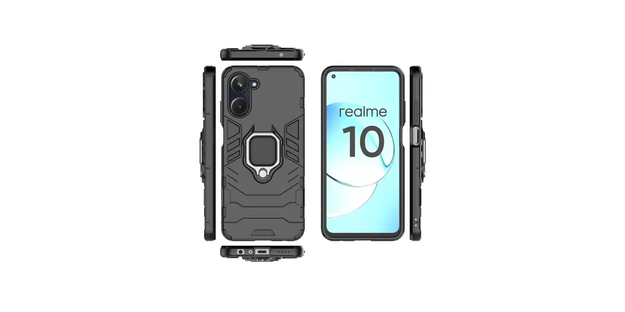 Czarny, pancerny case z pierścieniem na palec do telefonu realme 10, pokazany z różnych stron.