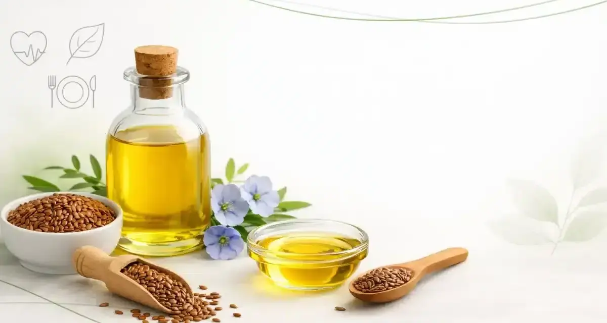 Olej lniany w butelce i miseczkach, nasiona lnu na łyżkach i w misce, niebieskie kwiaty lnu. Czy olej lniany jest zdrowy? Tak, to bogactwo kwasów omega-3.