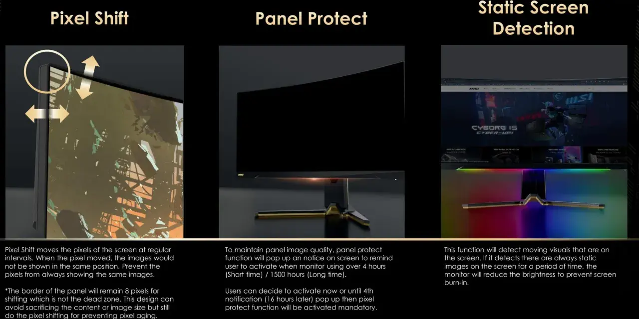 Bild zeigt Funktionen zum Schutz von OLED-Displays vor Einbrennen: Pixel Shift, Panel Protect und Static Screen Detection.