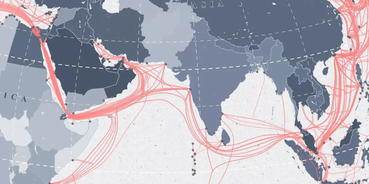 Map showing the global internet as a network infrastructure, with glowing pink lines representing undersea cables connecting continents across Africa, Asia, and the Middle East.
