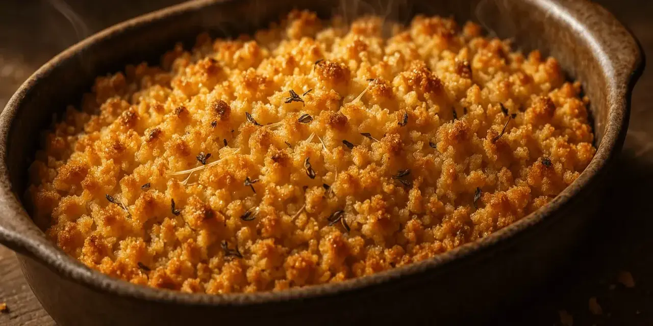 Un plat de pâte crumble salé au parmesan, doré et fumant, prêt à être dégusté. Une recette simple et savoureuse.