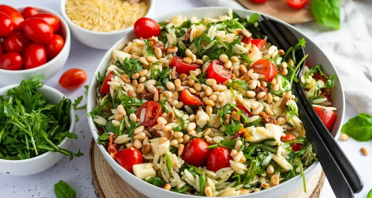 Ein köstlicher Nudelsalat mit Kirschtomaten, Rucola und Pinienkernen – einer der 10 besten Salate für den Sommer.