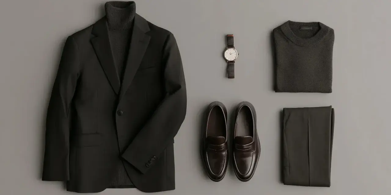 Conjunto elegante: traje negro, jersey de cuello alto, pantalones, reloj y mocasines marrones.