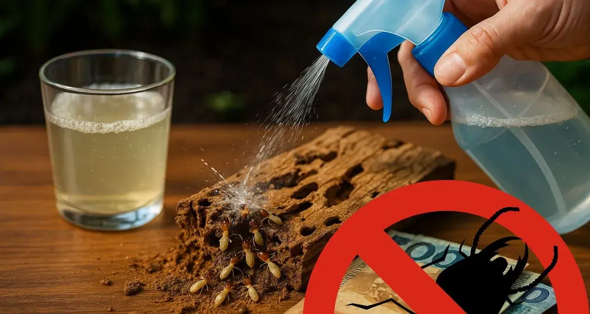 Vinagre para eliminar termitas. Un spray rocía un trozo de madera infestado de termitas, junto a un vaso con líquido.