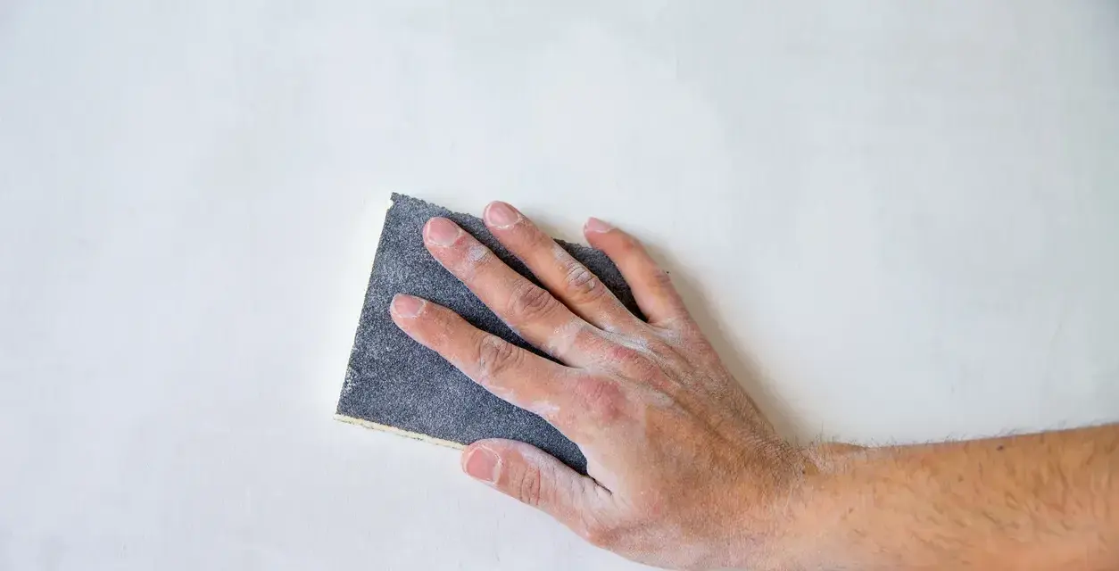 Mano che leviga una parete con carta vetrata, mostrando le sue caratteristiche abrasive per una finitura liscia.